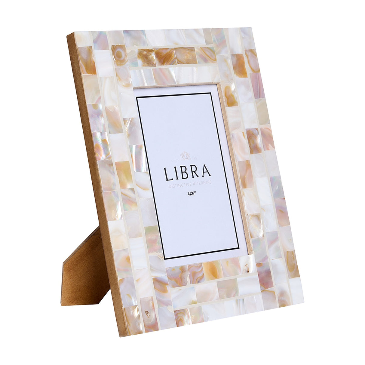 Libra Interiors Mother of Pearl Mosaic 4x6 photo frame in ivory, shown at an angle with easel stand on a white background.