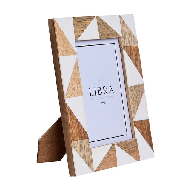 Libra Interiors Geometric Wood and Resin Photo Frame in brown with cream and wood-grain triangular inlay, shown upright on its fold-out strut.