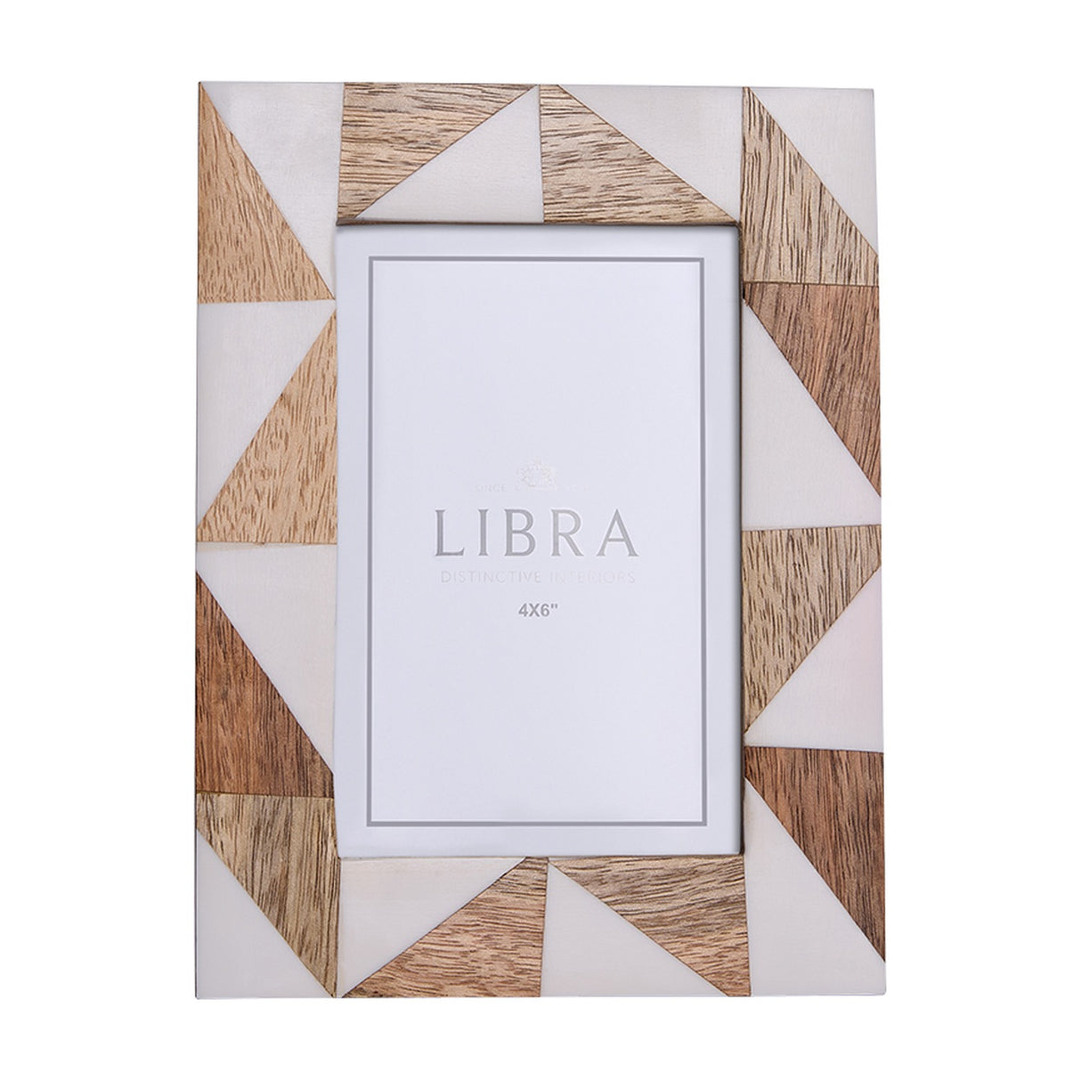 Libra Interiors Geometric Wood and Resin Photo Frame in brown, featuring a triangular inlay of cream resin and warm brown wood grain around a portrait opening.