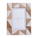 Libra Interiors geometric 4x6 photo frame with brown wood and ivory resin triangular inlay, portrait orientation, on a plain white background.
