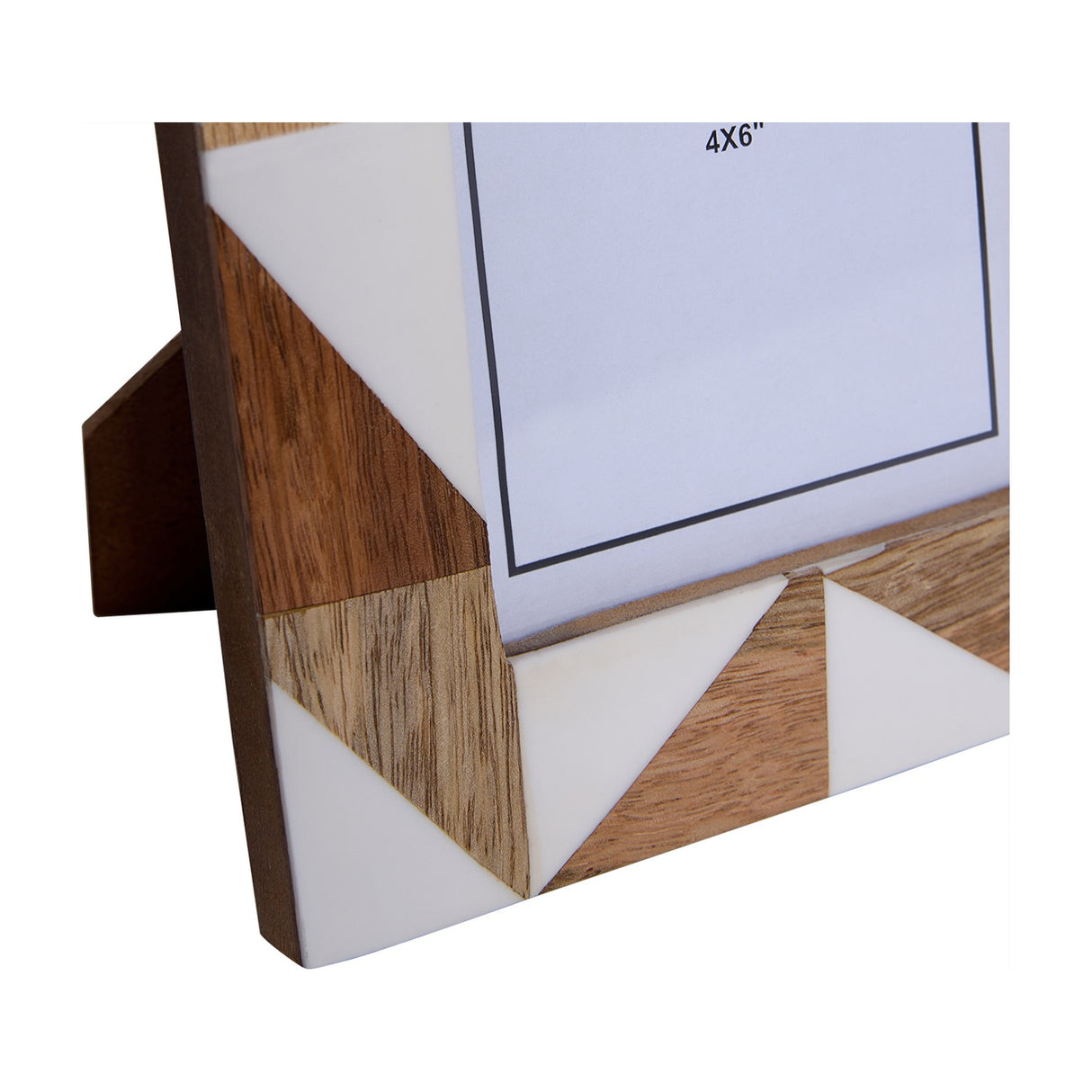 Libra Interiors Geometric Wood and Resin 4x6 photo frame corner detail, showing triangular wood inlay, ivory resin panels and rear standing strut.