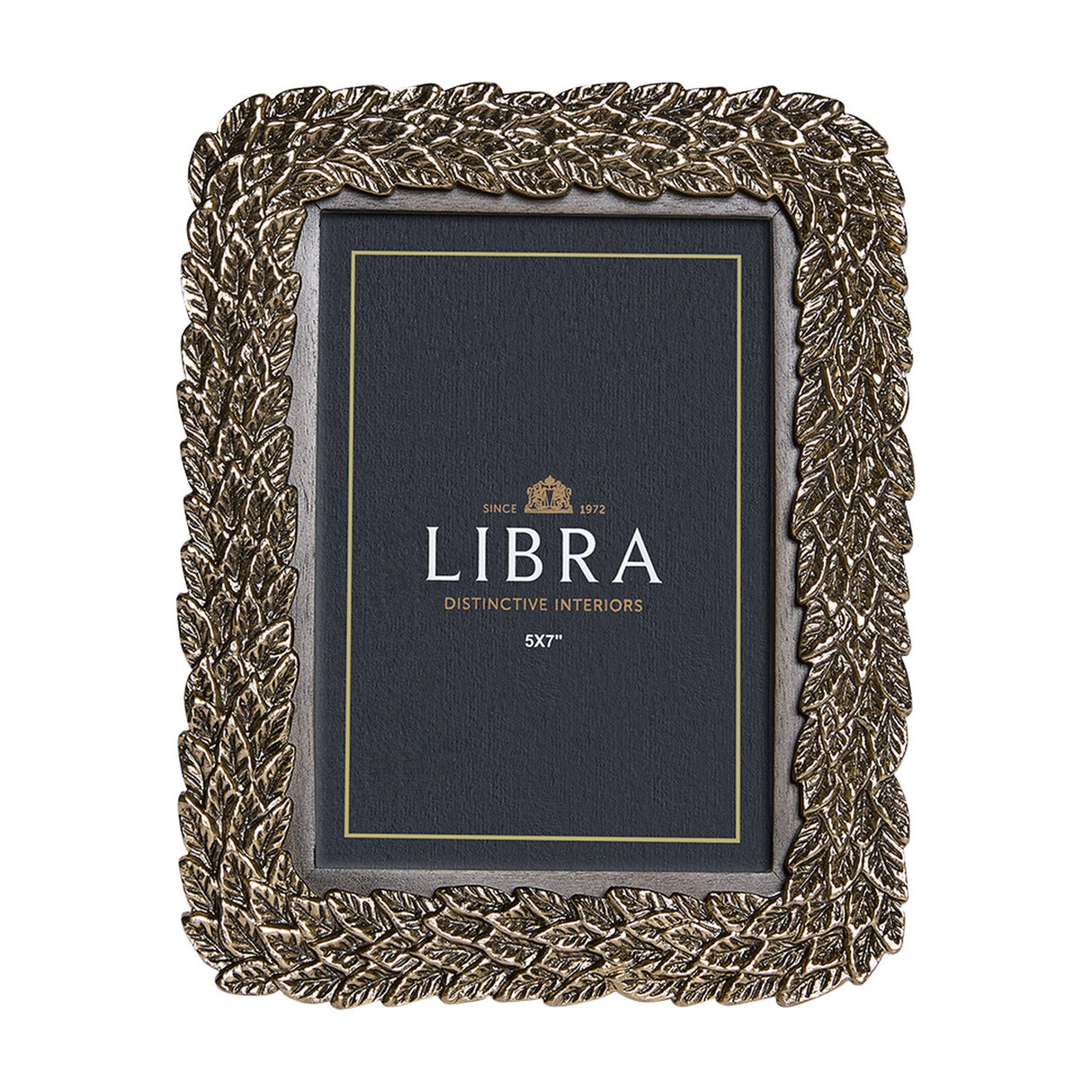 Libra Interiors antiqued leaf aluminium 5x7 photo frame in gold with raised botanical leaf border and wooden inner frame, shown on a white background.