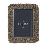 Libra Interiors antiqued gold photo frame with raised layered leaf motif border around a portrait aperture, shown on a plain white background.