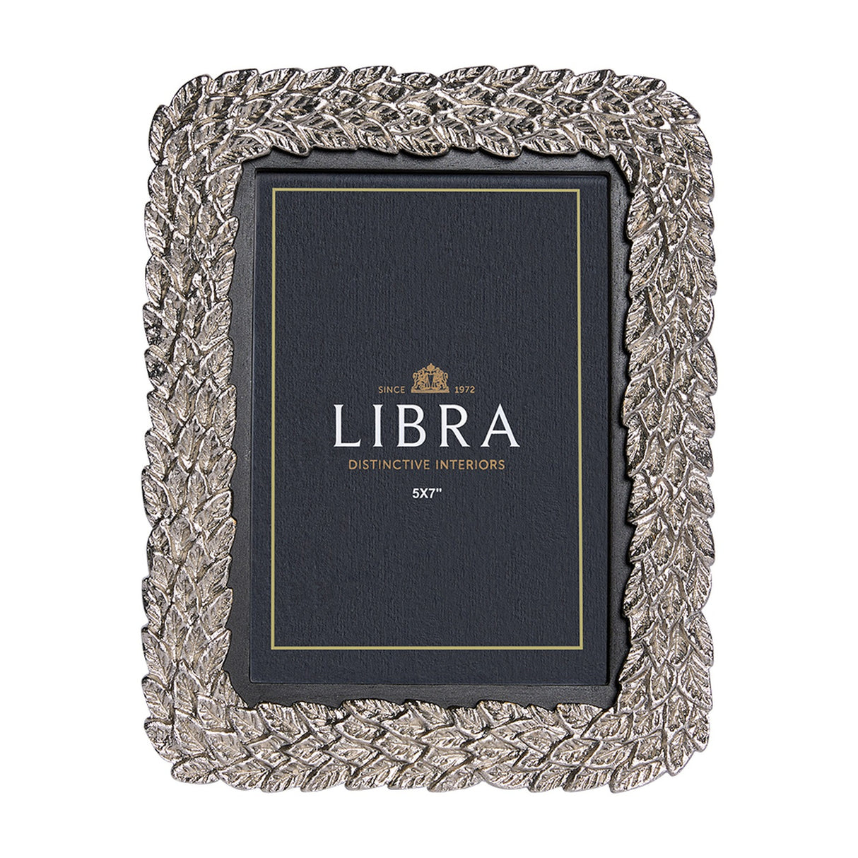 Libra Interiors Antiqued Leaf aluminium photo frame in silver, portrait orientation with sculpted leaf border around a dark inner panel, on a white background.