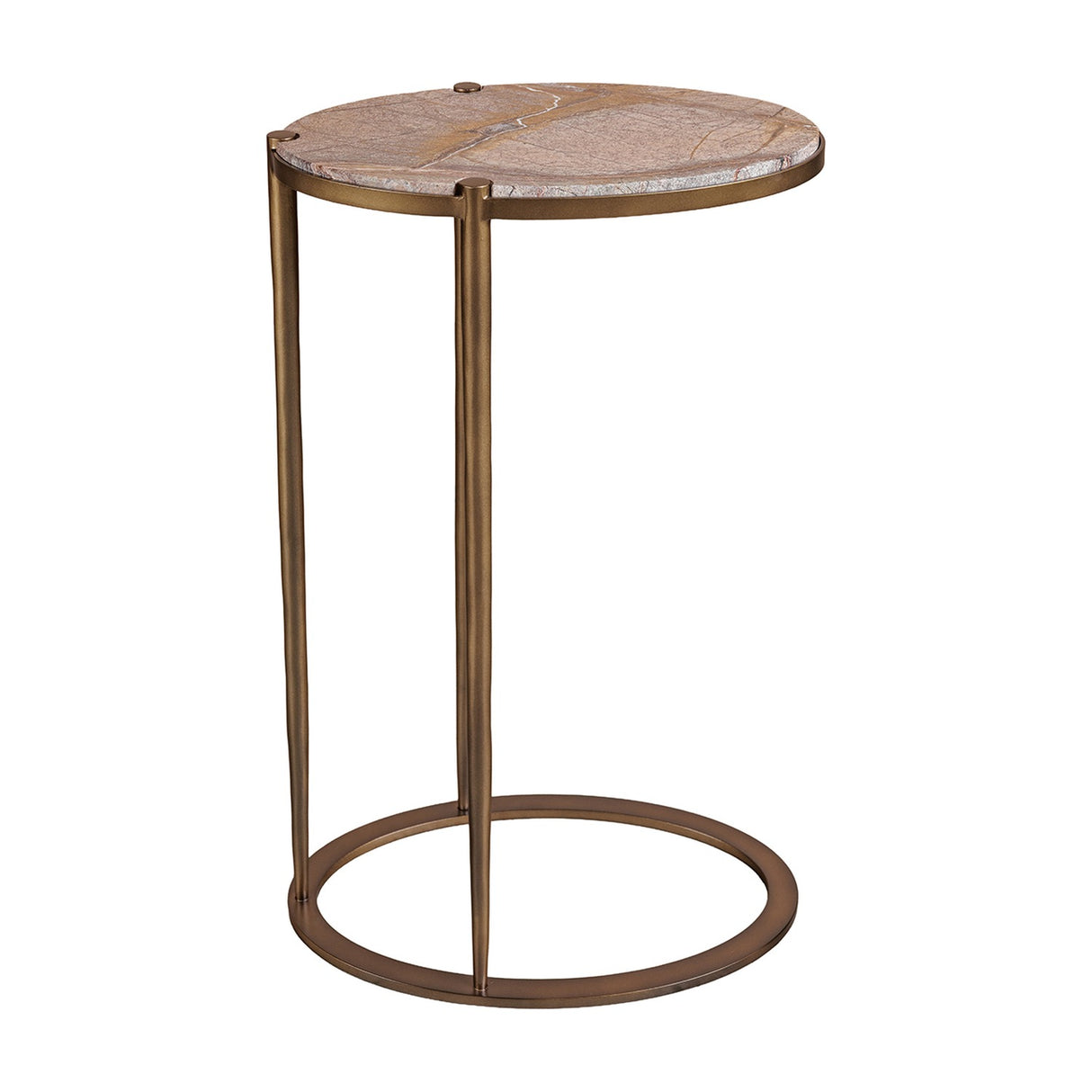 Libra Interiors Oval Marble Top Smoked Gold Side Table in brown, with a veined Forest Brown marble top and C-shaped iron frame on a round base ring.