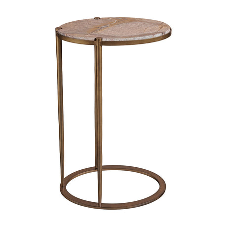 Libra Interiors Oval Marble Top Smoked Gold Side Table in brown, with a veined Forest Brown marble top and C-shaped iron frame on a round base ring.