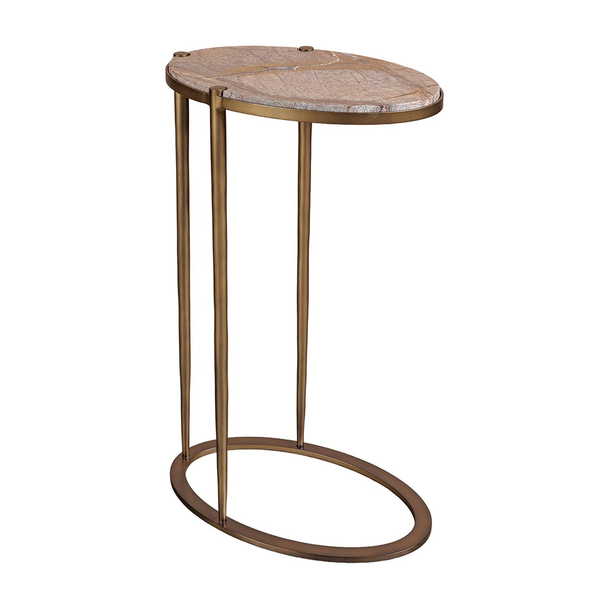 Libra Interiors Oval Marble Top side table with brown Forest marble surface on a smoked gold C-shaped iron frame with oval base ring, on white.