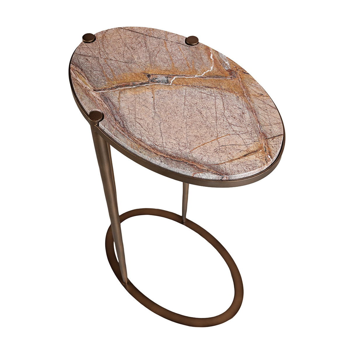 Libra Interiors oval side table with Forest Brown marble top and smoked gold C-shaped iron frame on a round base ring, shown from above.