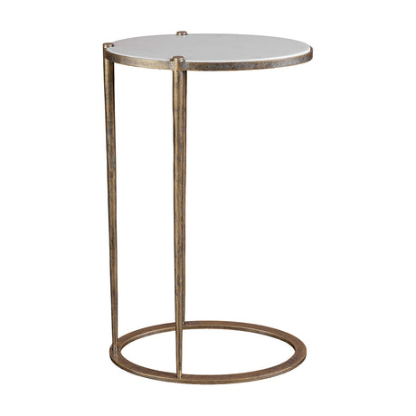 Libra Interiors Marble Top Oval Side Table in gold, with a white Banswara marble top on a slim aged champagne gold iron frame with oval floor ring.