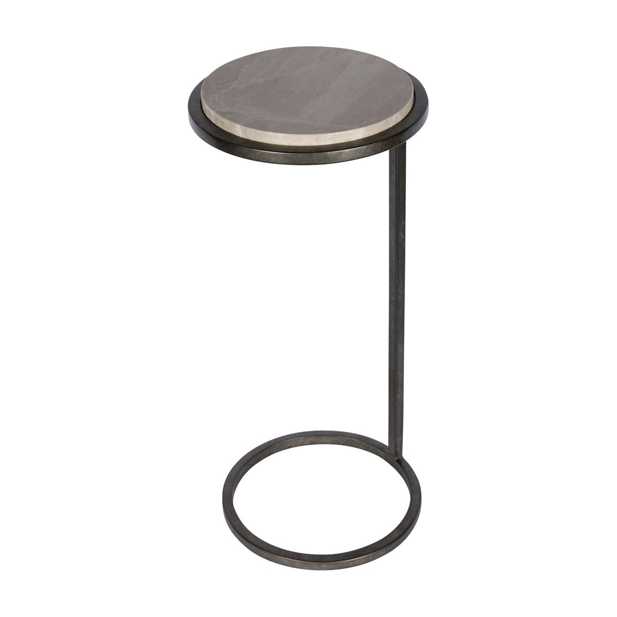 Libra Interiors Round Marble Side Table in grey with a smooth marble top and slim aged-silver metal frame with a round base ring, on a white background.