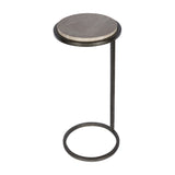 Libra Interiors Round Marble Side Table in grey with a smooth marble top and slim aged-silver metal frame with a round base ring, on a white background.