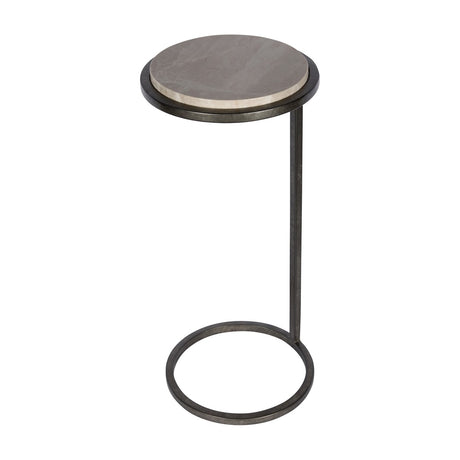 Libra Interiors Round Marble Side Table in grey with a smooth marble top and slim aged-silver metal frame with a round base ring, on a white background.