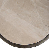 Close-up of the Libra Interiors Round Marble Side Table showing the smooth grey marble top with soft veining and slim aged-silver metal edge.