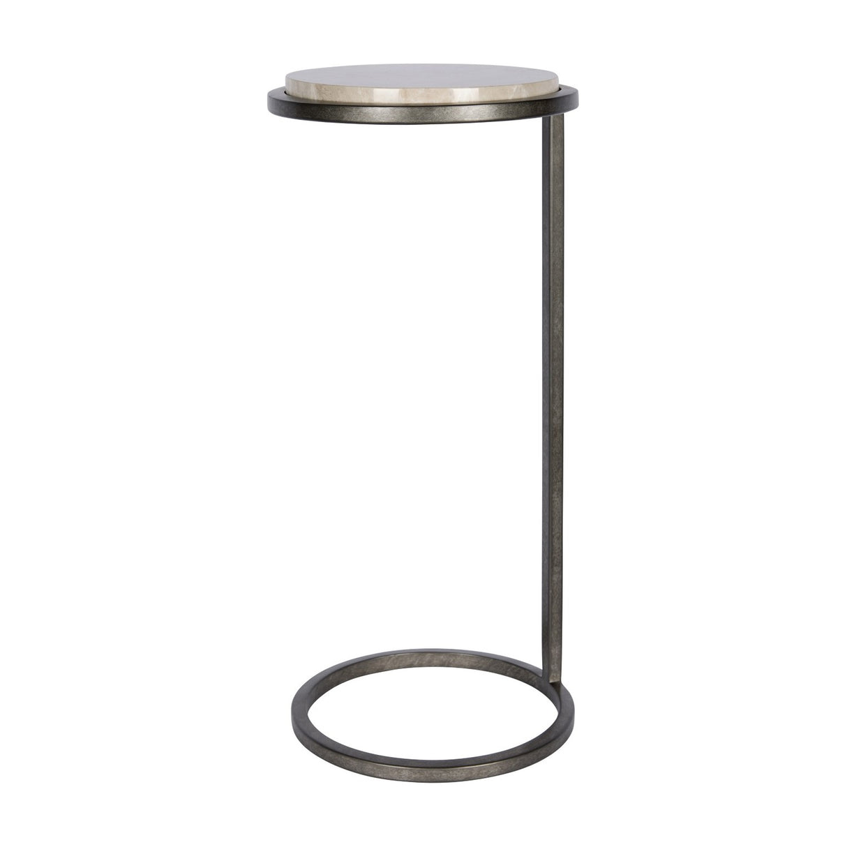 Libra Interiors Round Marble Side Table in grey with a smooth marble top and slim aged-silver metal frame with a ring base, on a white background.