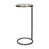 Libra Interiors Round Marble Side Table in grey with a smooth marble top and slim aged-silver metal frame with a ring base, on a white background.