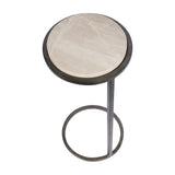 Libra Interiors Round Marble Side Table in grey, top-down view showing the smooth marble surface, aged silver metal frame and rounded base ring.