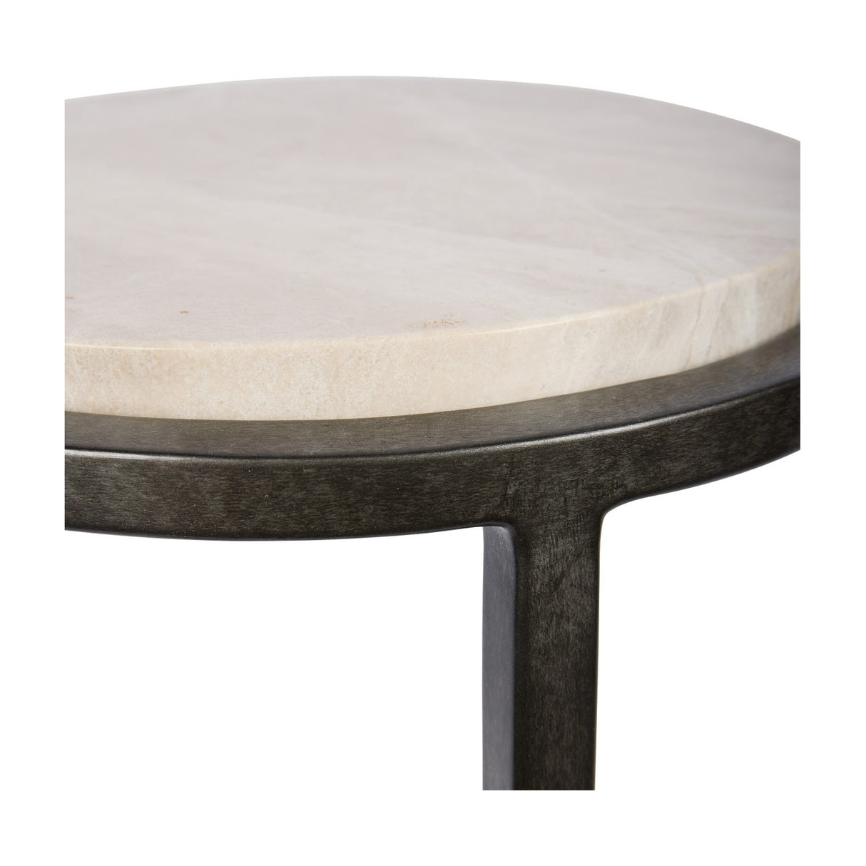 Close-up of Libra Interiors Round Marble Side Table in grey, showing the smooth marble top set into an aged silver metal frame.