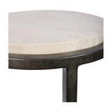 Close-up of Libra Interiors Round Marble Side Table in grey, showing the smooth marble top set into an aged silver metal frame.