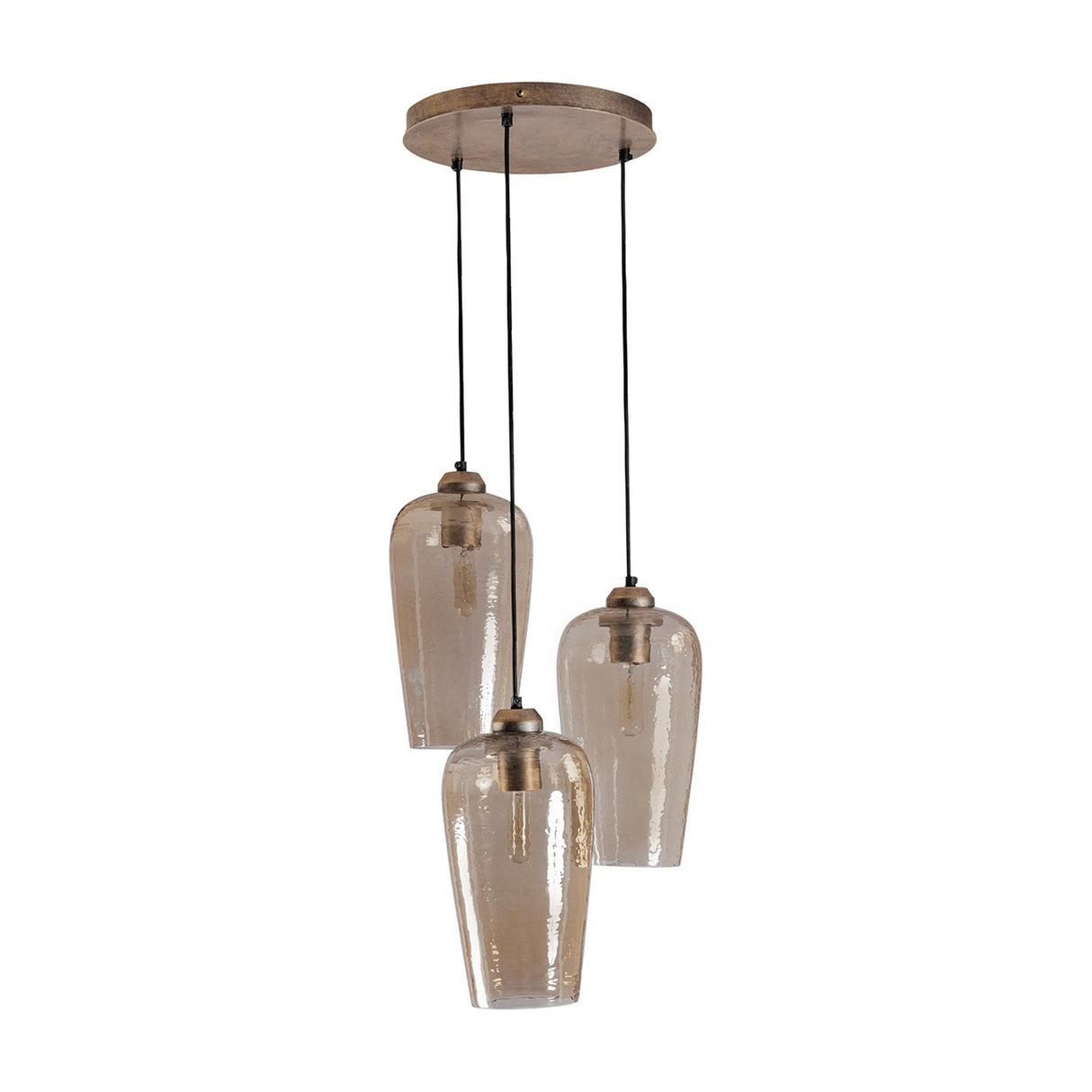 Libra Interiors Hammered Glass 3 Light Drop Chandelier in brown with tulip-shaped lustred glass shades at staggered heights from a champagne gold ceiling rose.