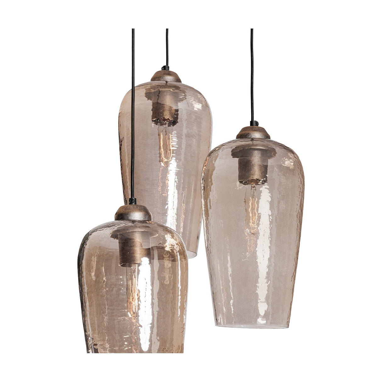 Libra Interiors Hammered Glass 3 Light Drop Chandelier in brown with tulip-shaped lustred glass shades and champagne gold fittings on black flex cables.