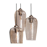 Libra Interiors Hammered Glass 3 Light Drop Chandelier in brown with tulip-shaped lustred glass shades and champagne gold fittings on black flex cables.