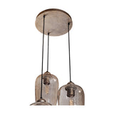 Libra Interiors Hammered Glass 3 Light Drop Chandelier in brown with tulip-shaped lustred glass shades on black flex from a champagne gold ceiling rose.