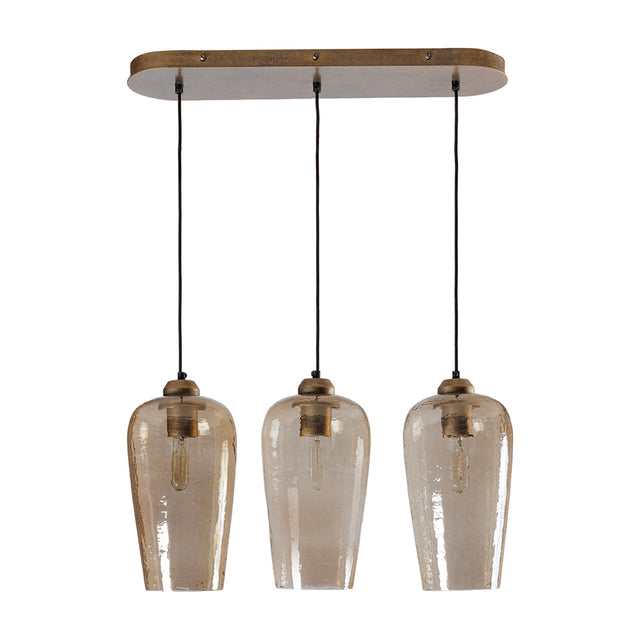 Libra Interiors Hammered Glass 3 Light Linear Chandelier in brown with tulip-shaped lustered glass shades on a champagne gold oval ceiling rose.