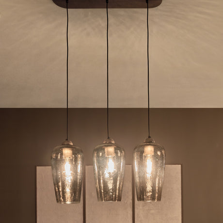 Libra Interiors Hammered Glass 3 Light Linear Chandelier in brown, with three tulip-shaped lustered glass shades on black flexes from a champagne gold rose.