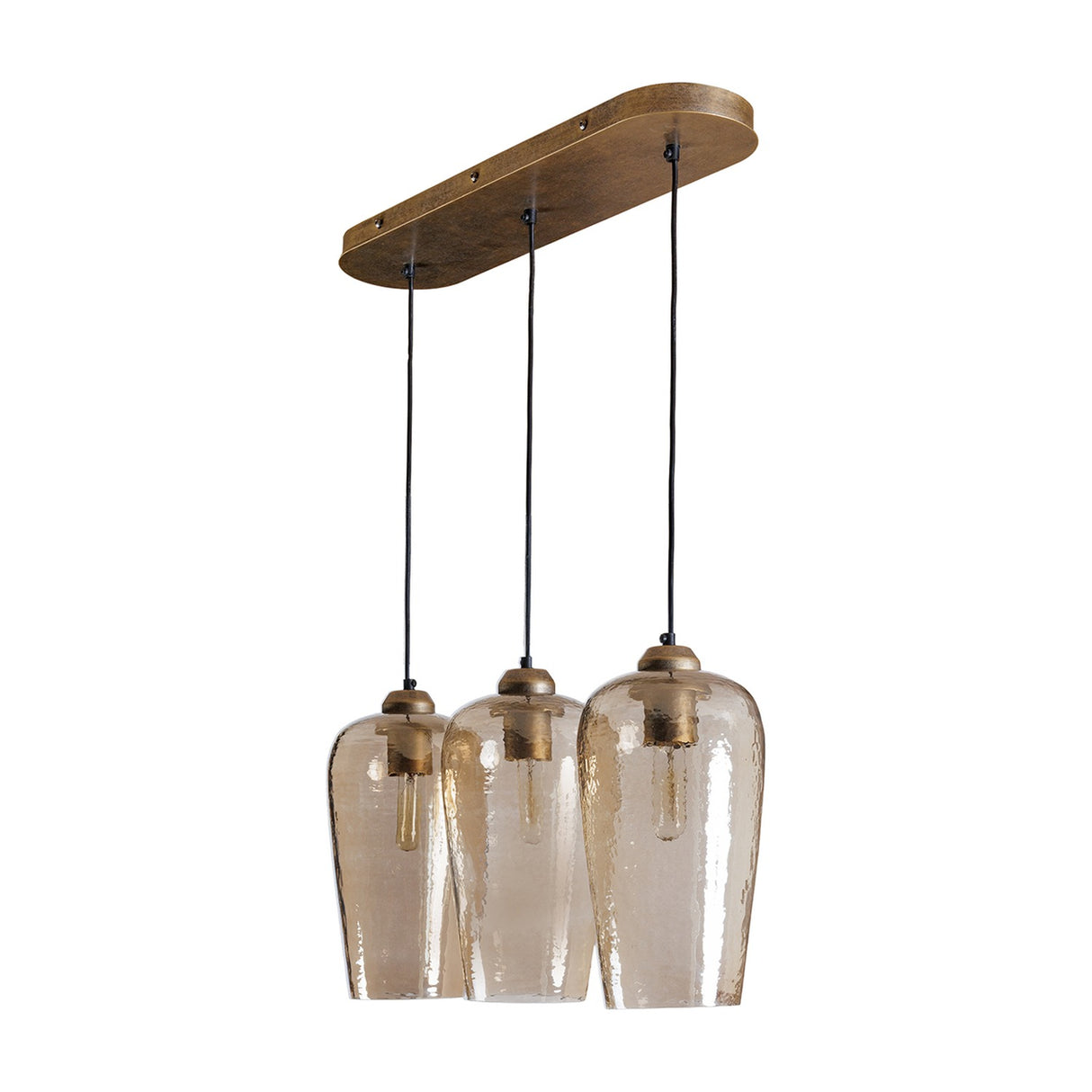 Libra Interiors Hammered Glass 3 Light Linear Chandelier in brown with tulip-shaped lustered glass shades on black flexes and a champagne gold oval rose.