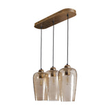 Libra Interiors Hammered Glass 3 Light Linear Chandelier in brown with tulip-shaped lustered glass shades on black flexes and a champagne gold oval rose.