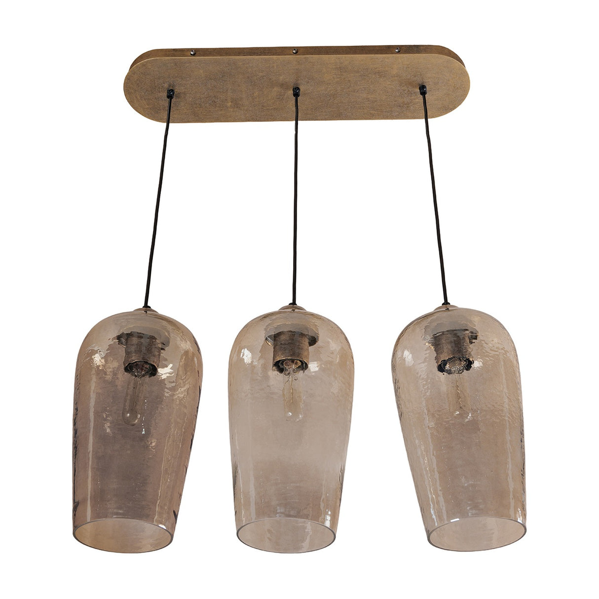 Libra Interiors Hammered Glass 3 Light Linear Chandelier in brown with three tulip-shaped lustered glass shades on a champagne gold oval ceiling rose.