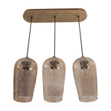 Libra Interiors Hammered Glass 3 Light Linear Chandelier in brown with three tulip-shaped lustered glass shades on a champagne gold oval ceiling rose.