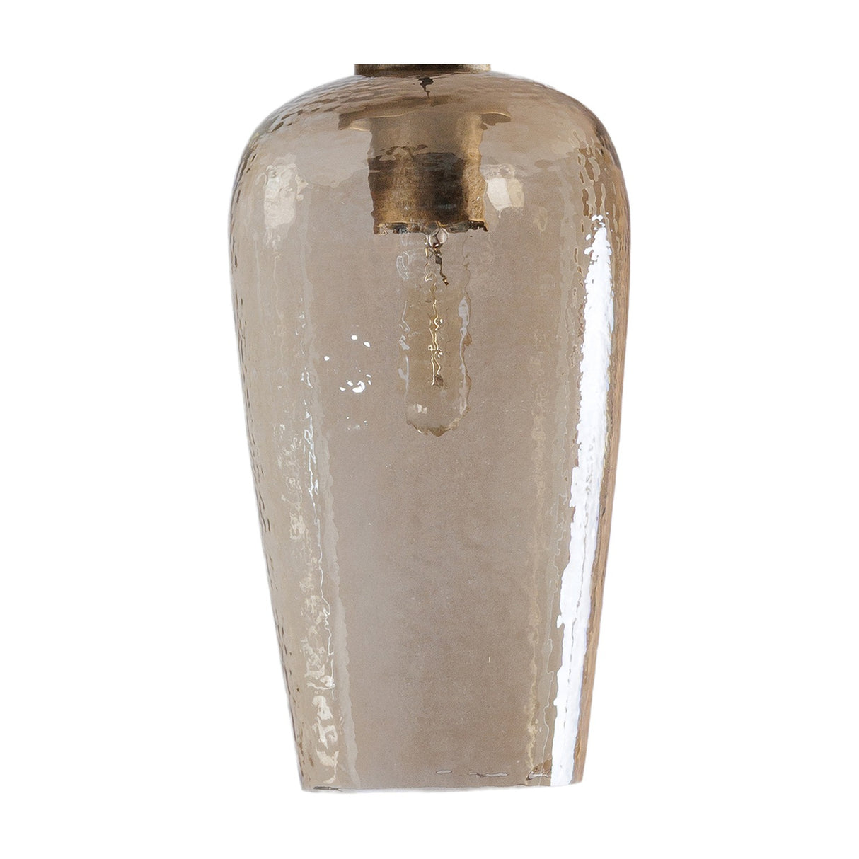 Close-up of a Libra Interiors Hammered Glass 3 Light Linear Chandelier shade in brown lustered glass with a champagne gold fitting and filament bulb.