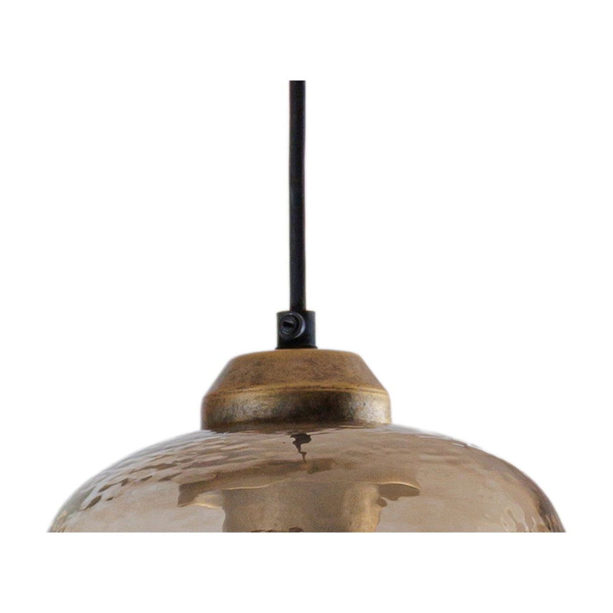 Close-up of Libra Interiors Hammered Glass 3 Light Linear Chandelier showing the champagne gold ceiling fitting, black flex and top of a brown lustred shade.