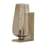 Libra Interiors Hammered Glass Tulip Wall Light in brown with a tulip-shaped lustred glass shade on an aged champagne gold iron backplate.