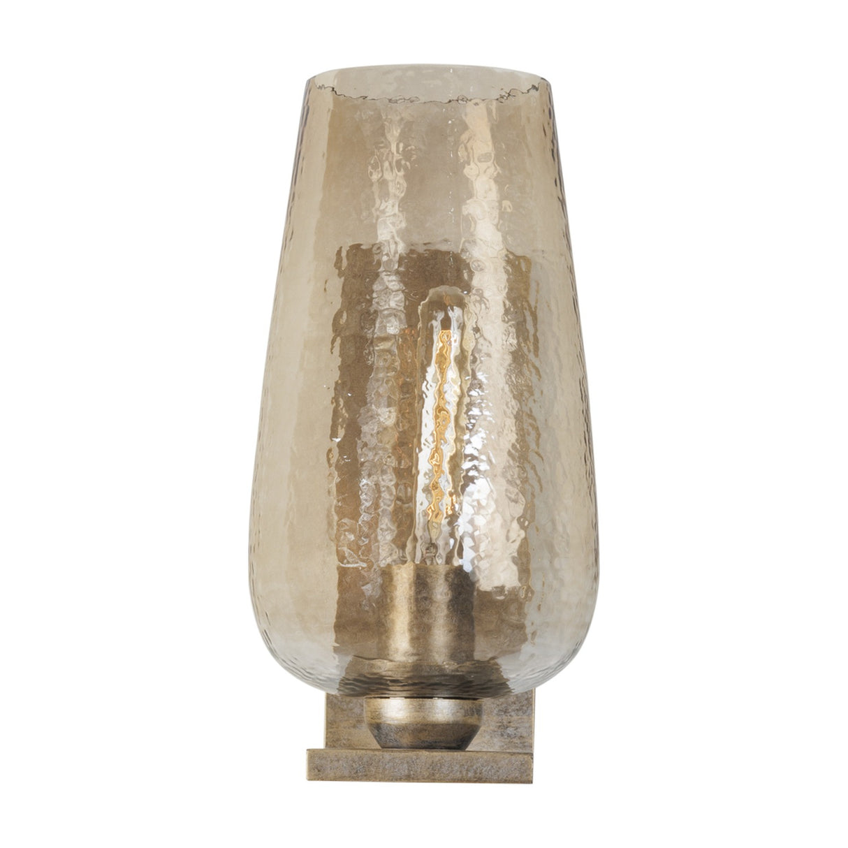 Libra Interiors Hammered Glass Tulip Wall Light in brown with a copper lustred tulip shade, exposed bulb and champagne gold iron backplate.