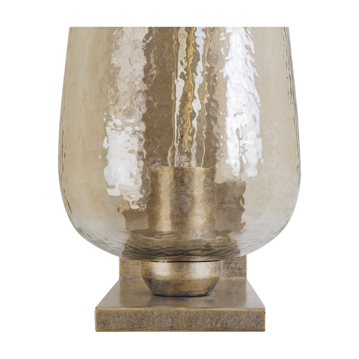 Close-up of the Libra Interiors Hammered Glass Tulip Wall Light in brown, with lustred glass shade, champagne gold iron base and square backplate.
