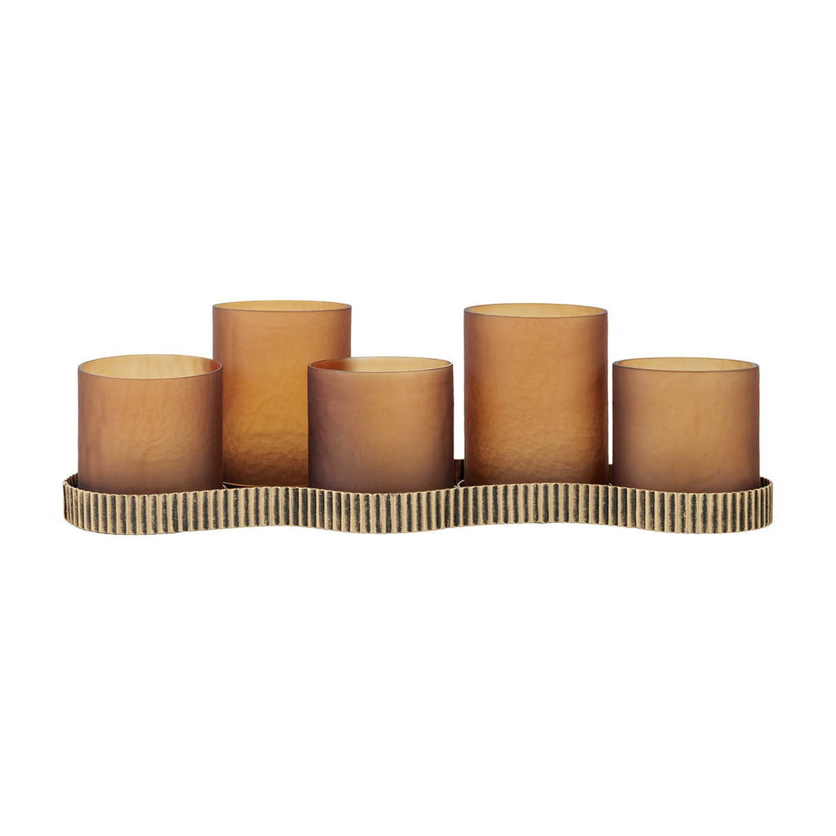 Libra Interiors Hammered Glass 5 Light Amber Lantern with five frosted amber votives at varying heights on a ribbed aged gold iron base.