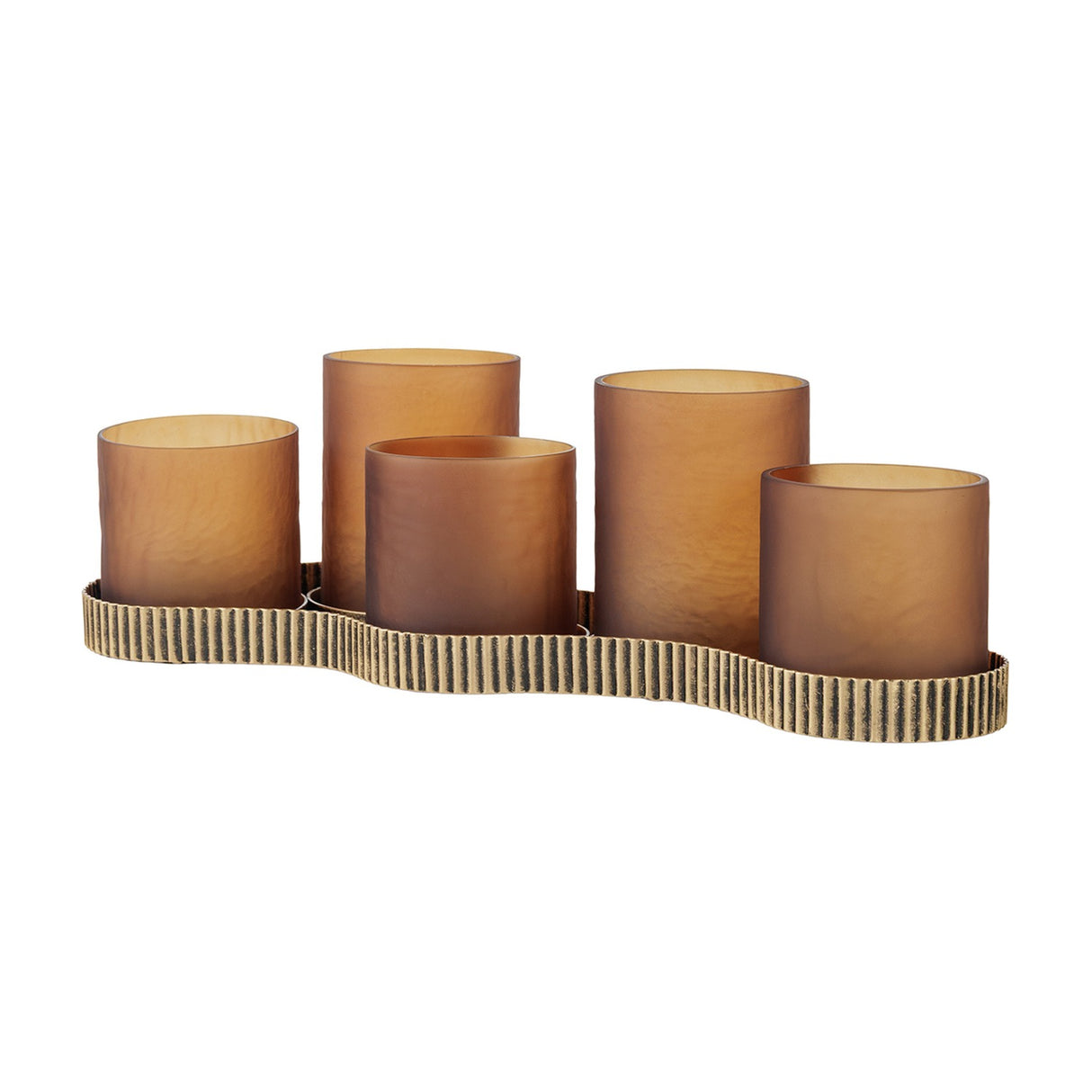 Libra Interiors Hammered Glass 5 Light Amber Lantern with five frosted amber votives at varying heights on a ribbed aged gold iron base.
