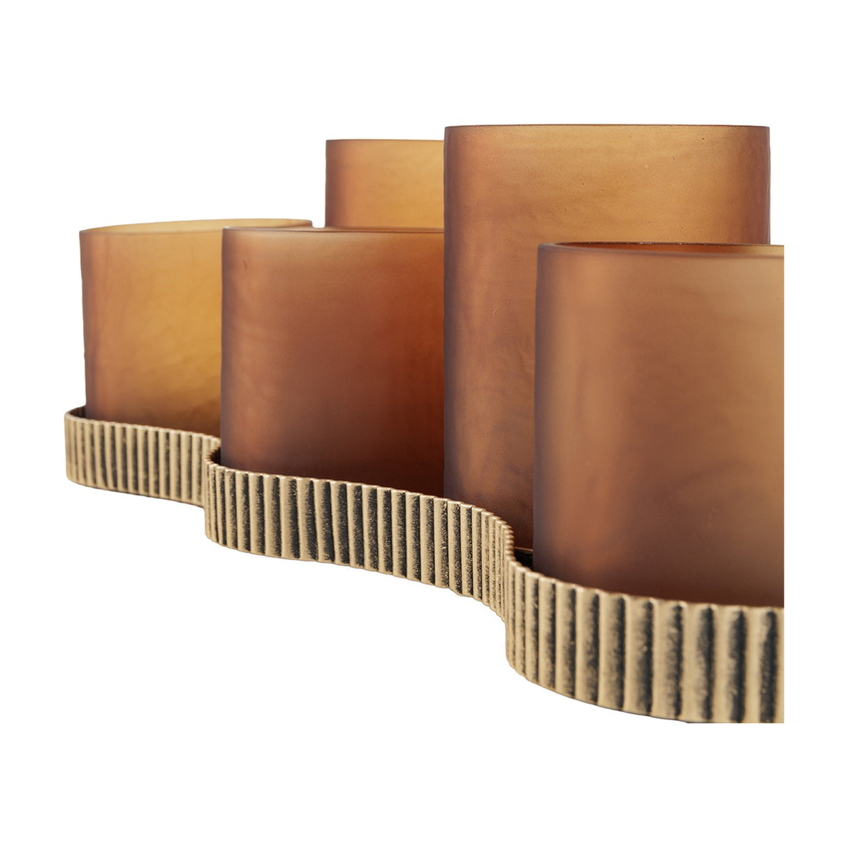 Close-up of Libra Interiors Hammered Glass 5 Light Amber Lantern showing frosted amber votives set into a ribbed aged gold corrugated iron base.
