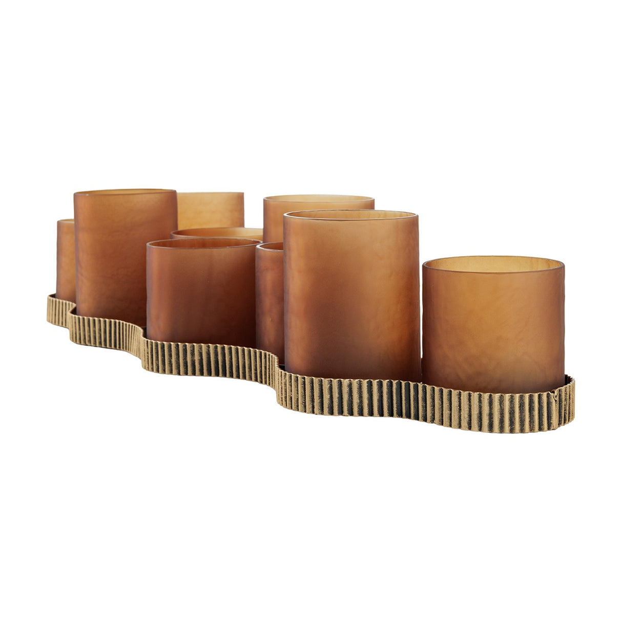 Libra Interiors Hammered Glass 9-Light Amber Lantern with nine matt amber votive cups at alternating heights on a corrugated aged gold iron base.