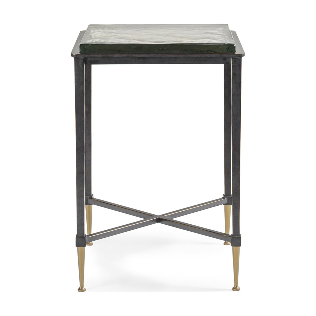 Libra Interiors Textured Glass Top Iron Side Table in black with a square textured glass surface, tapered iron legs, brass-look feet and crossbar base.
