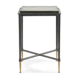 Libra Interiors Textured Glass Top Iron Side Table in black with a square textured glass surface, tapered iron legs, brass-look feet and crossbar base.