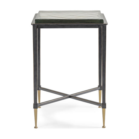 Libra Interiors Textured Glass Top Iron Side Table in black with a square textured glass surface, tapered iron legs, brass-look feet and crossbar base.