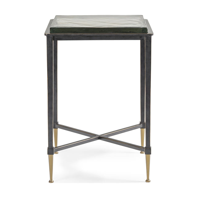 Libra Interiors Textured Glass Top Iron Side Table in black with a square textured glass surface, tapered iron legs, brass-look feet and crossbar base.