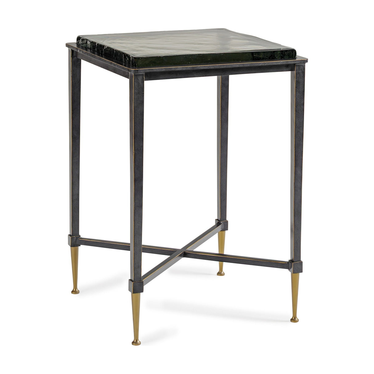 Libra Interiors Textured Glass Top Iron Side Table in black with a square brick-pattern glass top, tapered legs, brass-look feet and crossbar base.