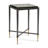 Libra Interiors Textured Glass Top Iron Side Table in black with a square brick-pattern glass top, tapered legs, brass-look feet and crossbar base.