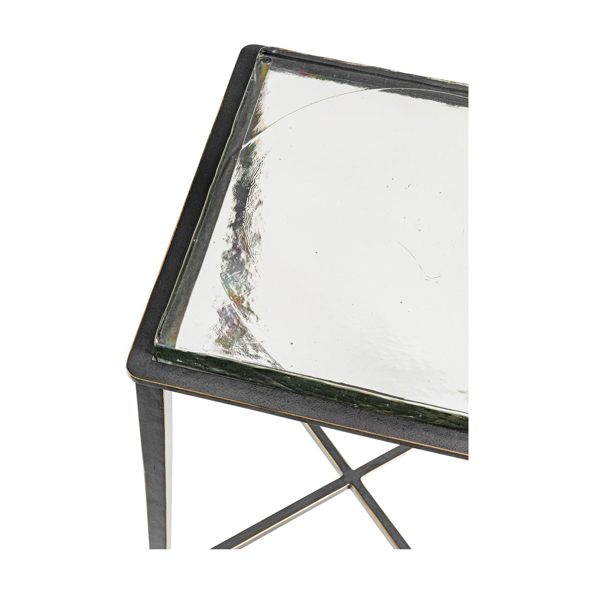 Libra Interiors Textured Glass Top Iron Side Table in black, close-up of the square thick glass top with brick-pattern texture set into a slim iron frame.