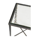 Libra Interiors Textured Glass Top Iron Side Table in black, close-up of the square thick glass top with brick-pattern texture set into a slim iron frame.