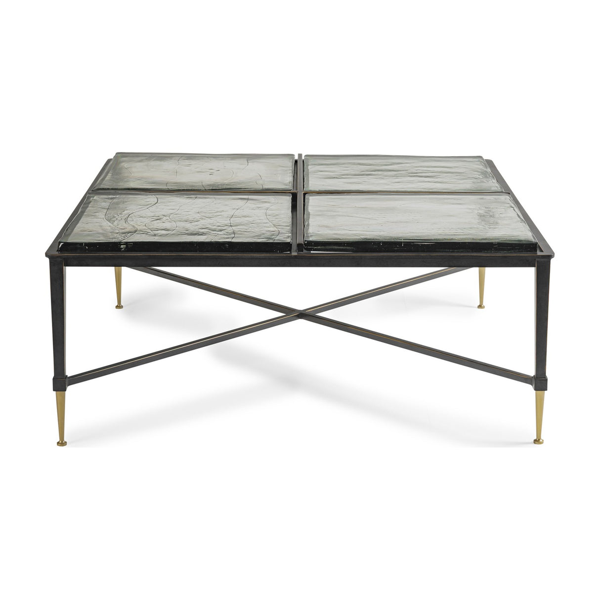 Libra Interiors Textured Glass Square Coffee Table in black, with four brick-patterned glass slabs on an iron frame with crossbar and brass-toned tapered feet.